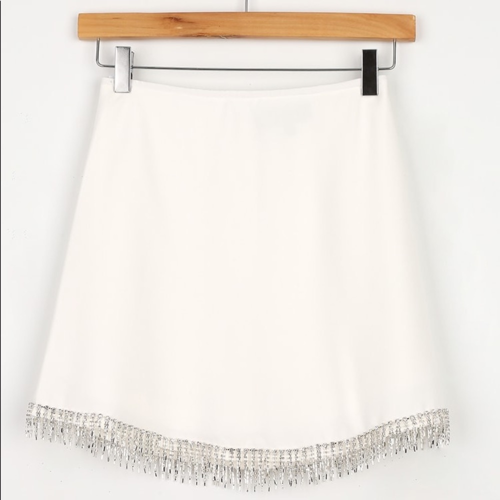 Sparkle Hour White Rhinestone Fringe Mini Skirt
